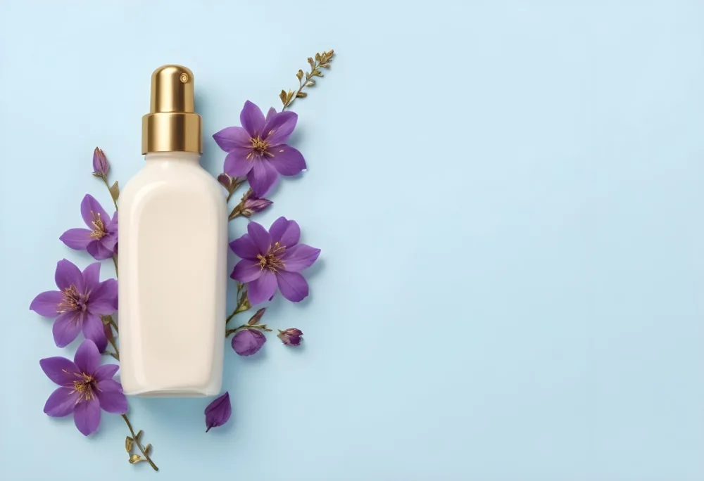 A Bottle Of Cream With A Golden Cap Surrounded By Purple Flowers On A Light Blue Background 4 A07c