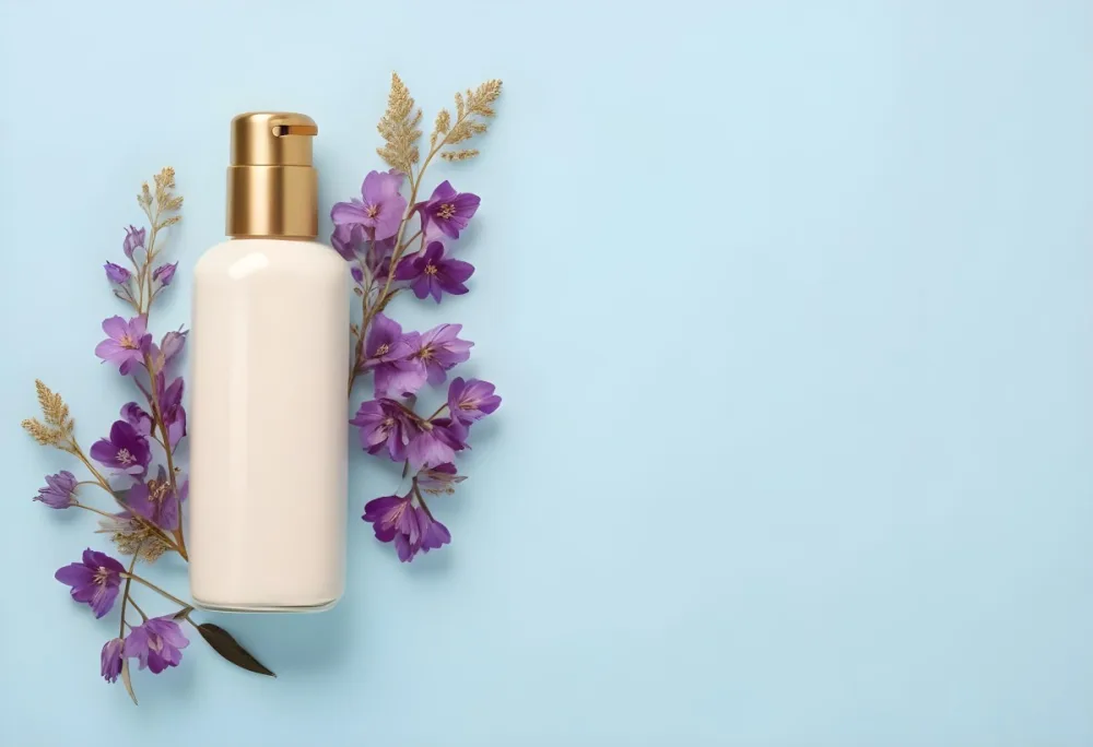 A Bottle Of Cream With A Golden Cap Surrounded By Purple Flowers On A Light Blue Background 41 2ec4