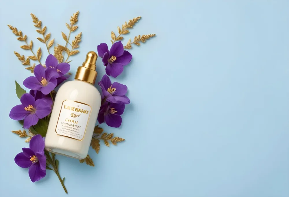 A Bottle Of Cream With A Golden Cap Surrounded By Purple Flowers On A Light Blue Background 45 Eb67