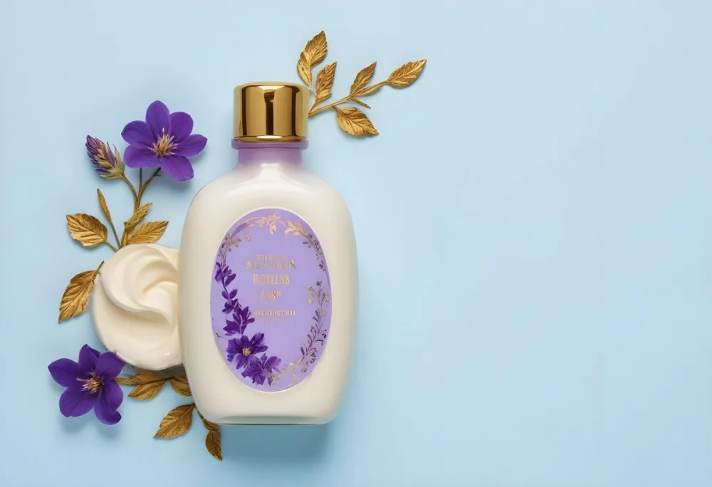 A Bottle Of Cream With A Golden Cap Surrounded By Purple Flowers On A Light Blue Background 47 Ad11