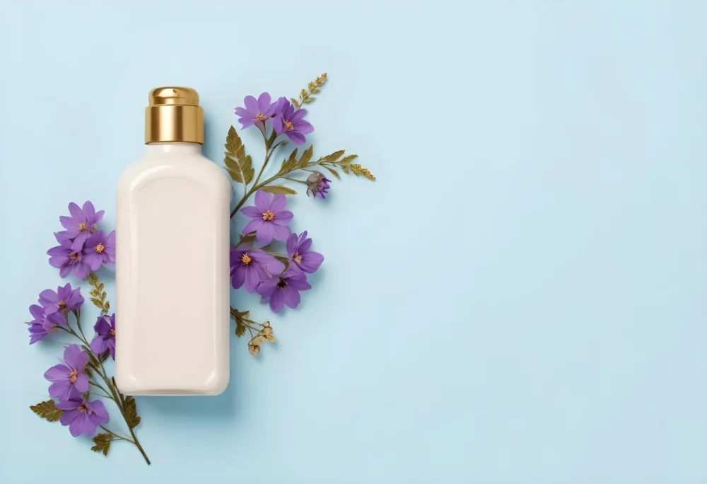 A Bottle Of Cream With A Golden Cap Surrounded By Purple Flowers On A Light Blue Background 49 E198