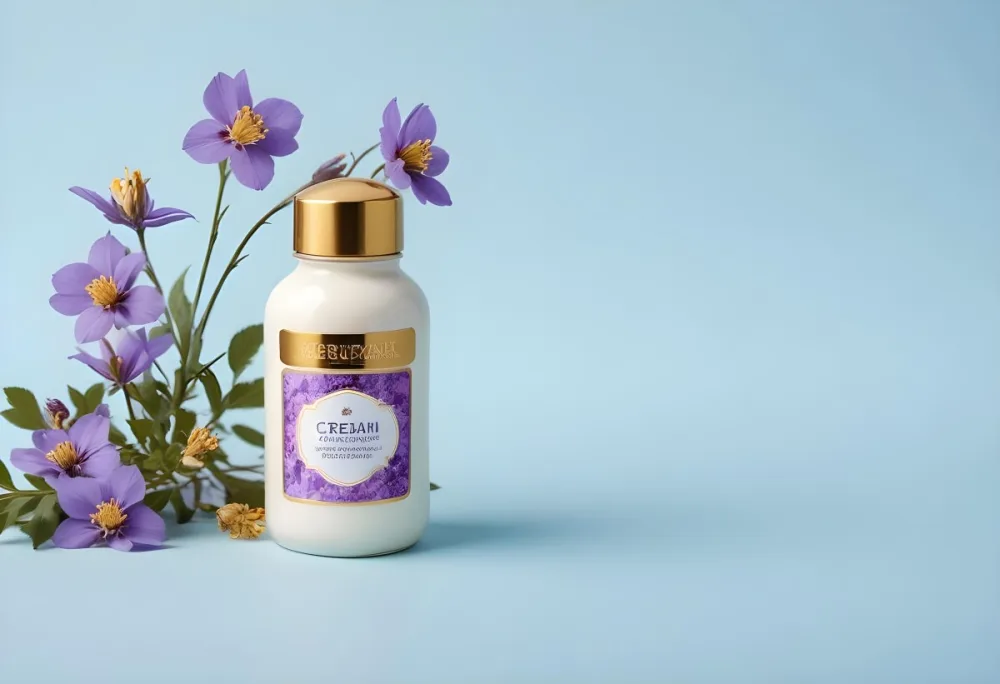 A Bottle Of Cream With A Golden Cap Surrounded By Purple Flowers On A Light Blue Background 59 7052