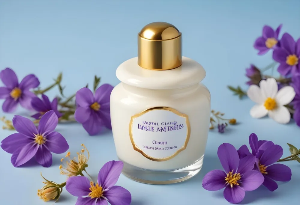 A Bottle Of Cream With A Golden Cap Surrounded By Purple Flowers On A Light Blue Background 62 9044