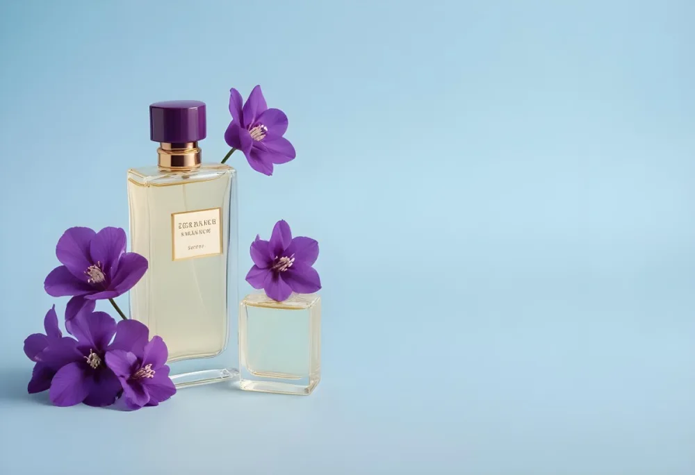 A Bottle Of Cream With A Golden Cap Surrounded By Purple Flowers On A Light Blue Background 7 139a