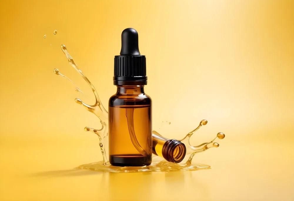 A Bottle Of Essential Oil With A Dropper A Splash Of Oil Around It Yellow Background 23 Eb25