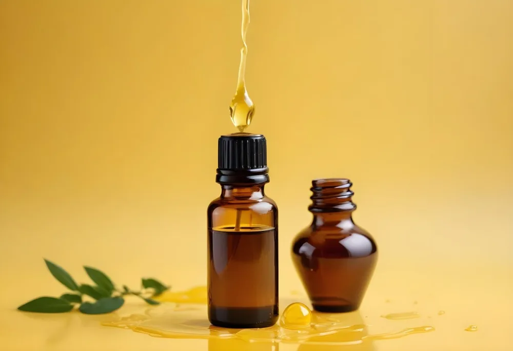 A Bottle Of Essential Oil With A Dropper A Splash Of Oil Around It Yellow Background 25 5fee