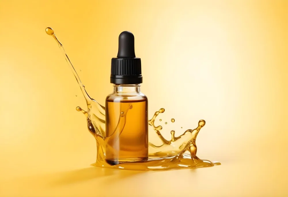 A Bottle Of Essential Oil With A Dropper A Splash Of Oil Around It Yellow Background 34 0e46