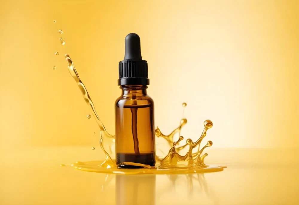 A Bottle Of Essential Oil With A Dropper A Splash Of Oil Around It Yellow Background 38 465d