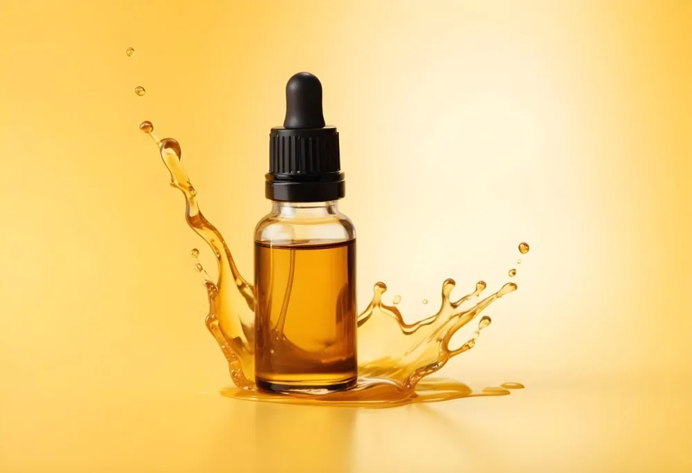 A Bottle Of Essential Oil With A Dropper A Splash Of Oil Around It Yellow Background 4 1397