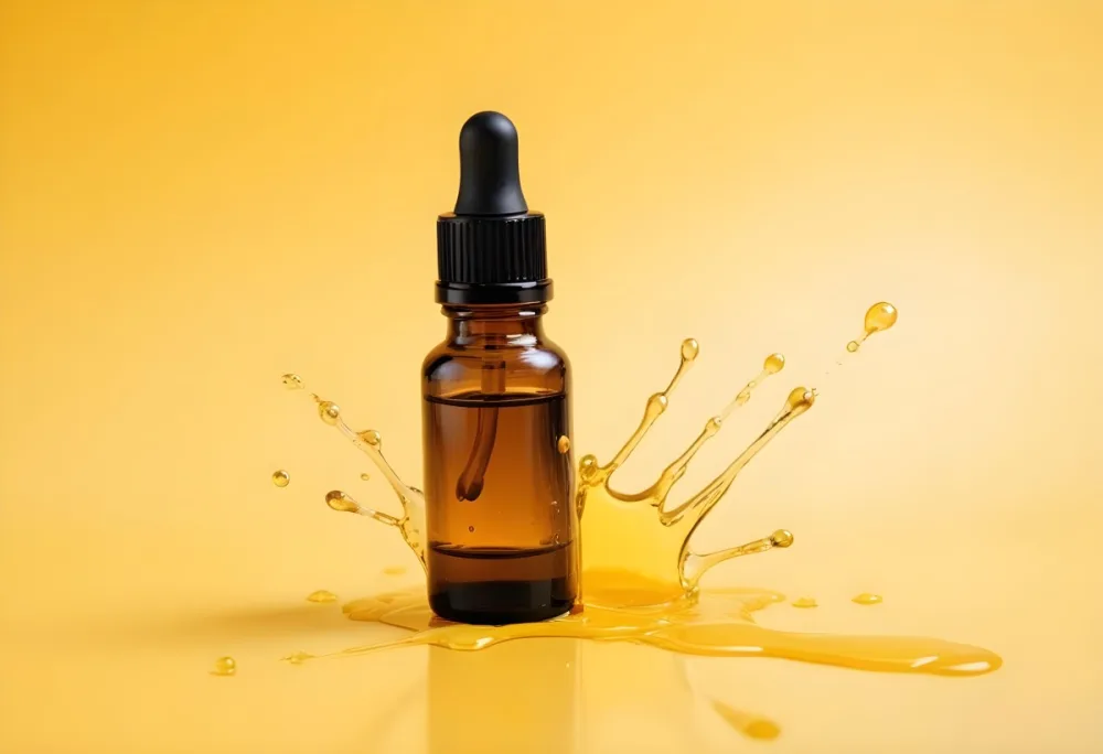 A Bottle Of Essential Oil With A Dropper A Splash Of Oil Around It Yellow Background 47 F7e8