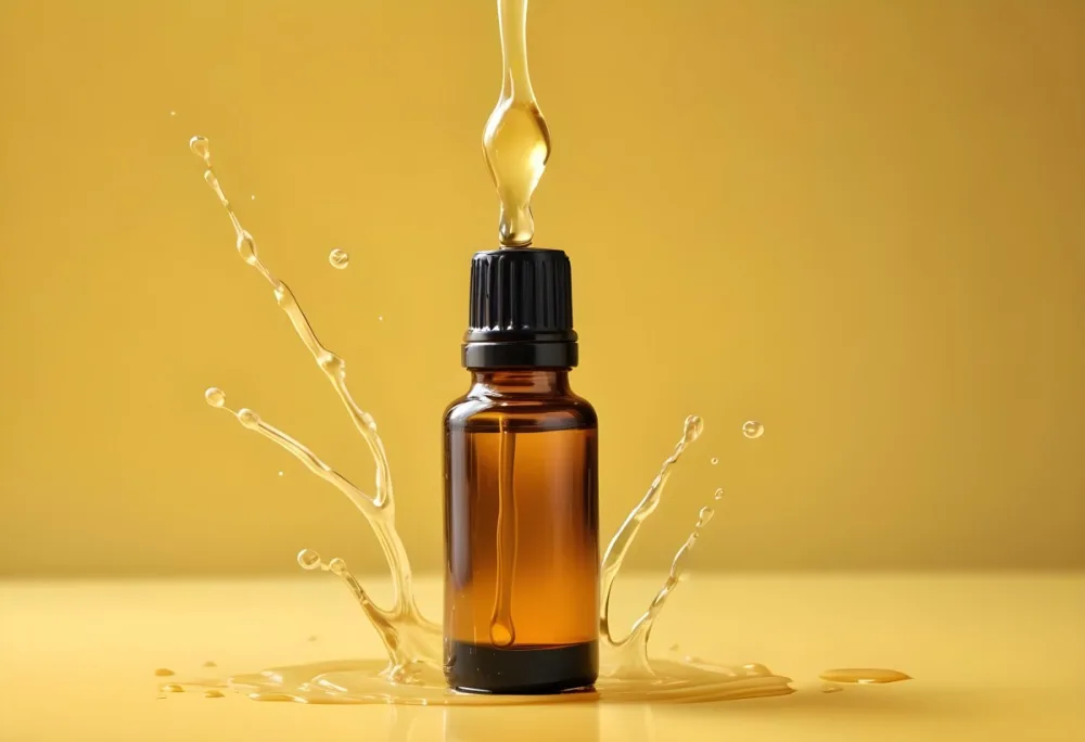 A Bottle Of Essential Oil With A Dropper A Splash Of Oil Around It Yellow Background 49 6630