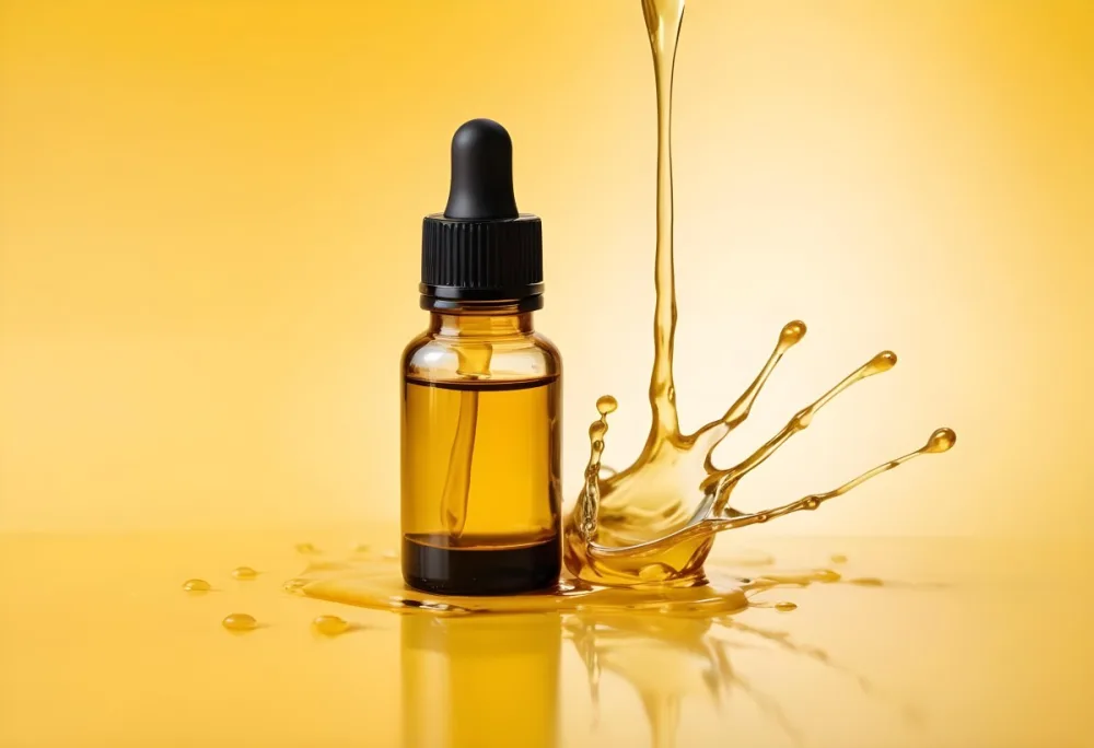 A Bottle Of Essential Oil With A Dropper A Splash Of Oil Around It Yellow Background 5 6925