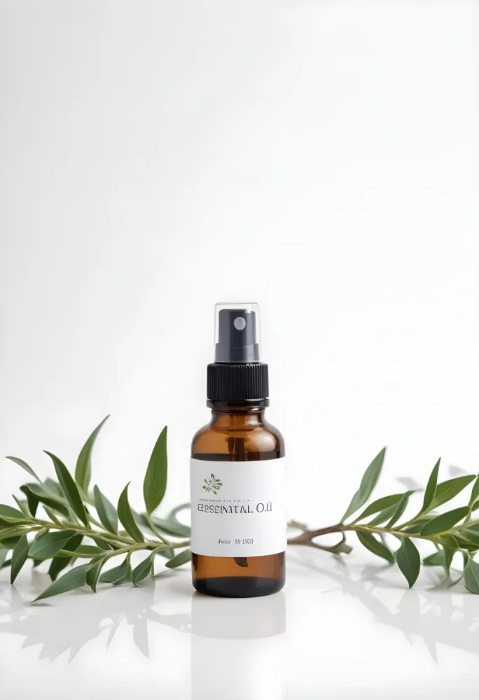 A Bottle Of Essential Oil With A Spray Nozzle Surrounded By Green Leaves On A White Background 1 9939
