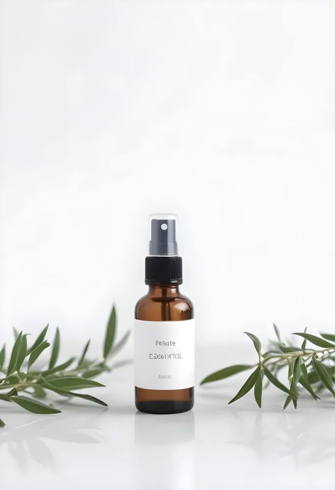 A Bottle Of Essential Oil With A Spray Nozzle Surrounded By Green Leaves On A White Background 8 B2fb