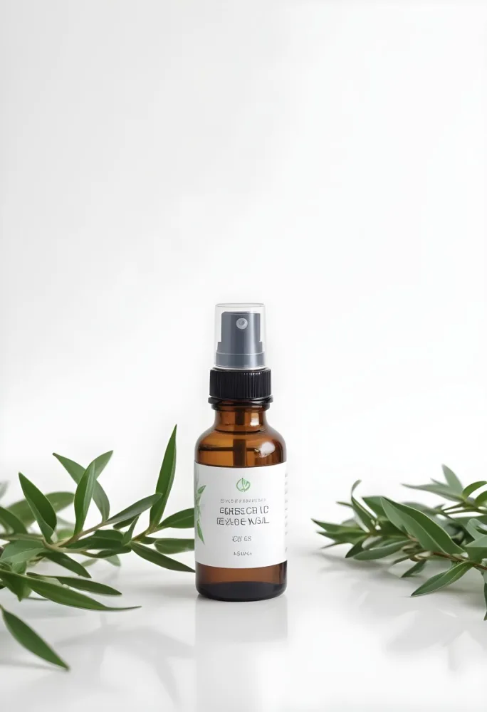 A Bottle Of Essential Oil With A Spray Nozzle Surrounded By Green Leaves On A White Background 9 8ace