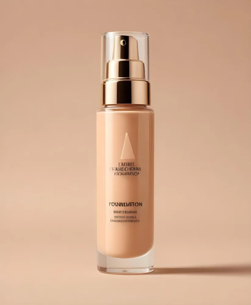 A Bottle Of Foundation With A Transparent Cap On A Beige Background The Bottle Is Transparent And The Foundation Is Beige 10 D909