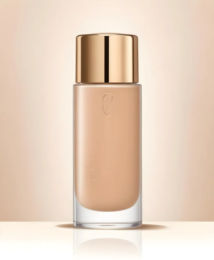 A Bottle Of Foundation With A Transparent Cap On A Beige Background The Bottle Is Transparent And The Foundation Is Beige 13 1eeb