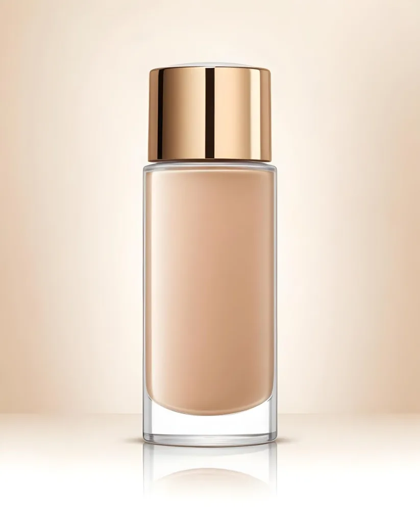 A Bottle Of Foundation With A Transparent Cap On A Beige Background The Bottle Is Transparent And The Foundation Is Beige 18 1891
