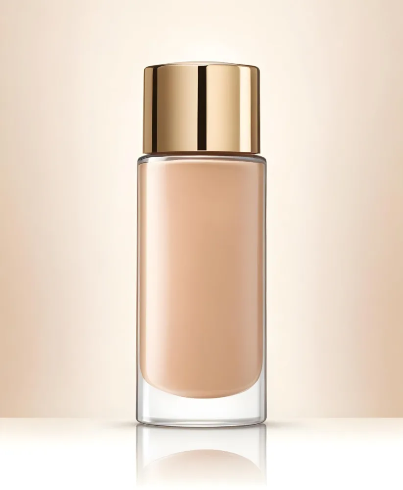 A Bottle Of Foundation With A Transparent Cap On A Beige Background The Bottle Is Transparent And The Foundation Is Beige 19 Bf5c