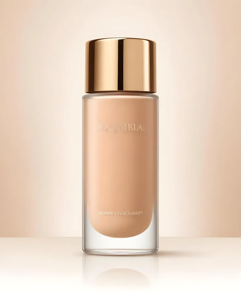 A Bottle Of Foundation With A Transparent Cap On A Beige Background The Bottle Is Transparent And The Foundation Is Beige 3 9c2e