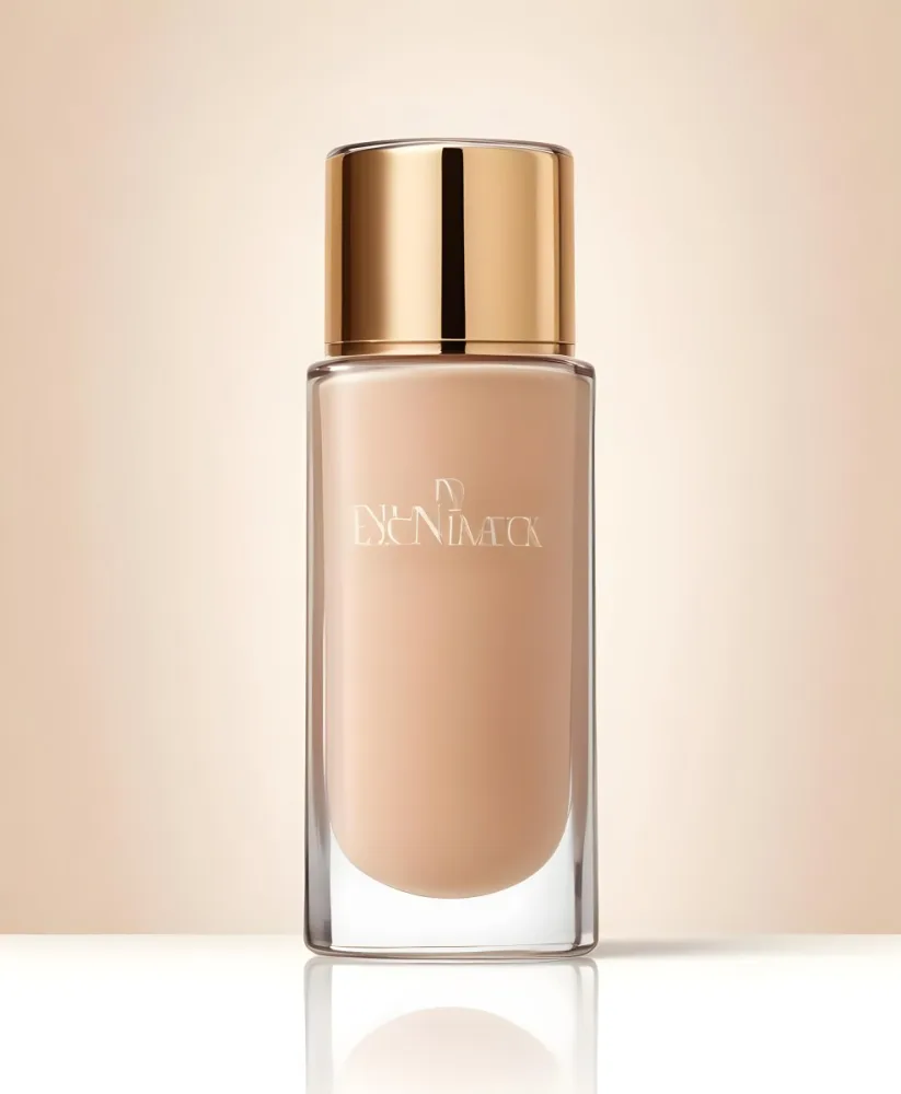 A Bottle Of Foundation With A Transparent Cap On A Beige Background The Bottle Is Transparent And The Foundation Is Beige 34 45e4