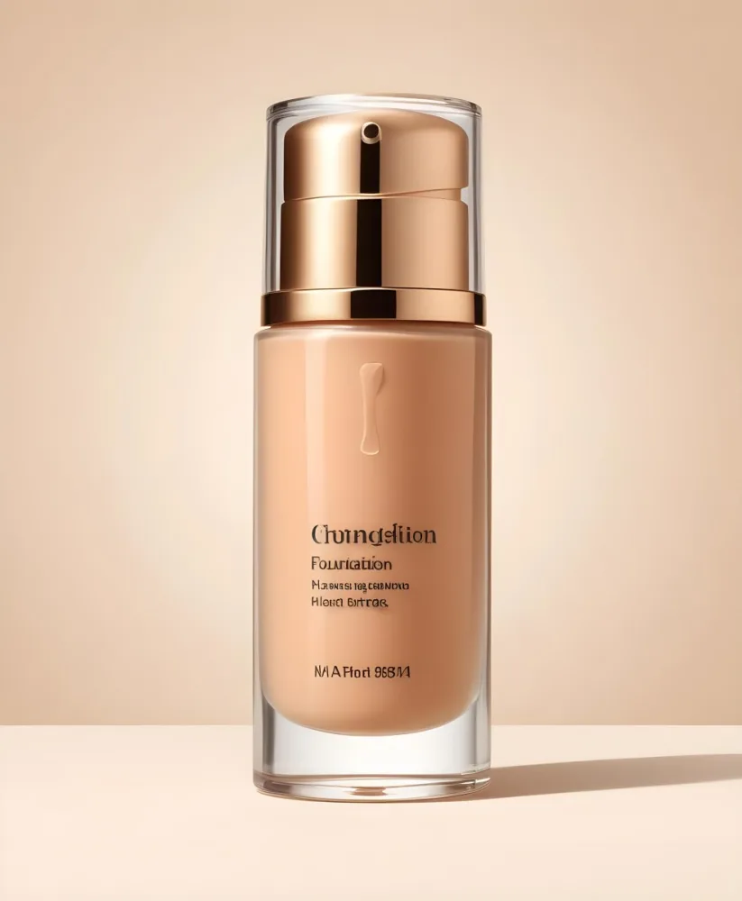 A Bottle Of Foundation With A Transparent Cap On A Beige Background The Bottle Is Transparent And The Foundation Is Beige 39 7484