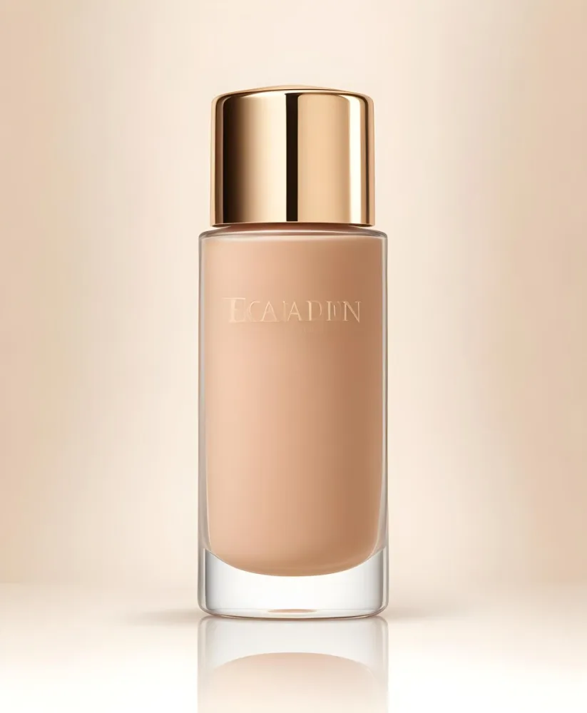 A Bottle Of Foundation With A Transparent Cap On A Beige Background The Bottle Is Transparent And The Foundation Is Beige 6 A143