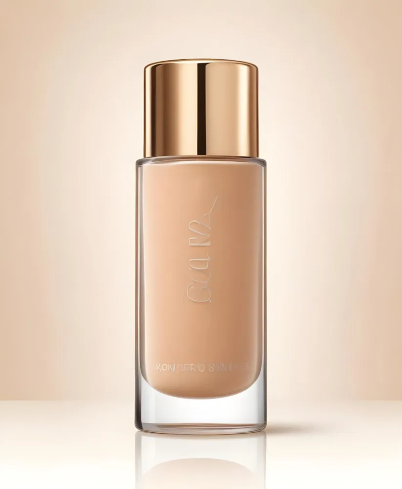 A Bottle Of Foundation With A Transparent Cap On A Beige Background The Bottle Is Transparent And The Foundation Is Beige 7 5685