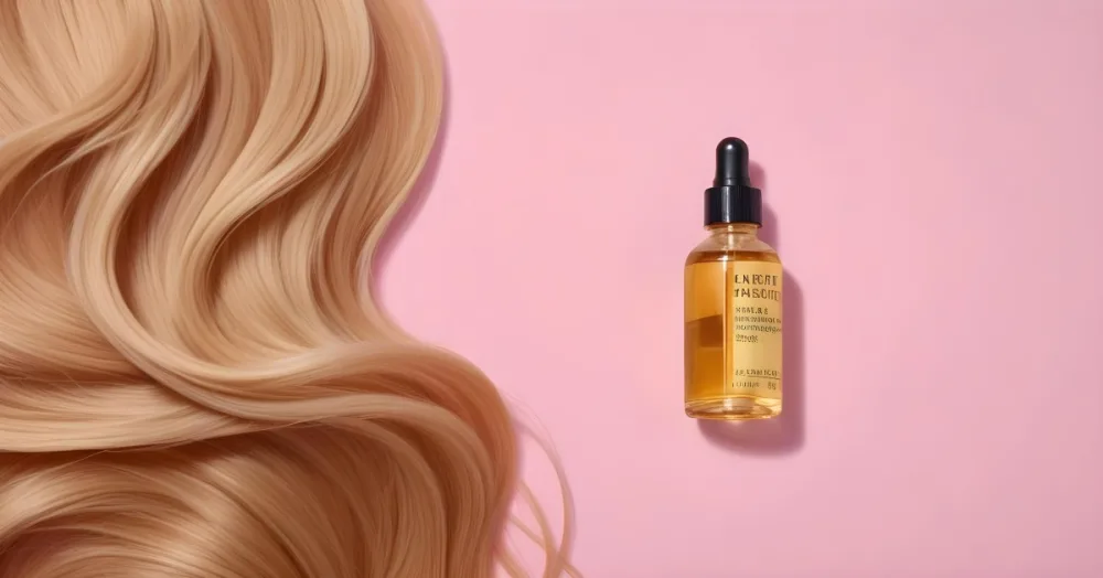 A Bottle Of Hair Oil And A Strand Of Blonde Hair On A Pink Background 13 Dc03