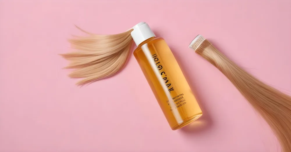 A Bottle Of Hair Oil And A Strand Of Blonde Hair On A Pink Background 14 A44d
