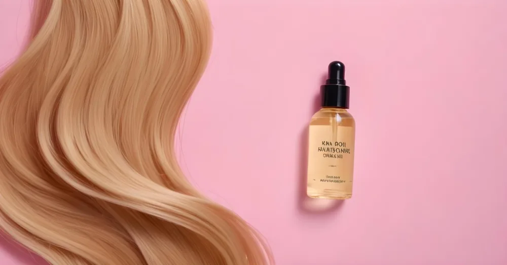 A Bottle Of Hair Oil And A Strand Of Blonde Hair On A Pink Background 16 16ca