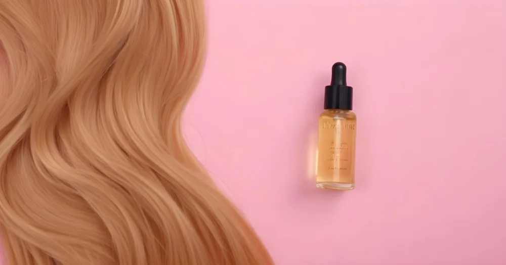A Bottle Of Hair Oil And A Strand Of Blonde Hair On A Pink Background 23