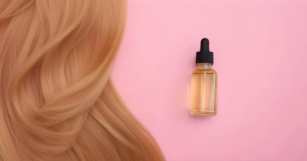 A Bottle Of Hair Oil And A Strand Of Blonde Hair On A Pink Background 27 C551