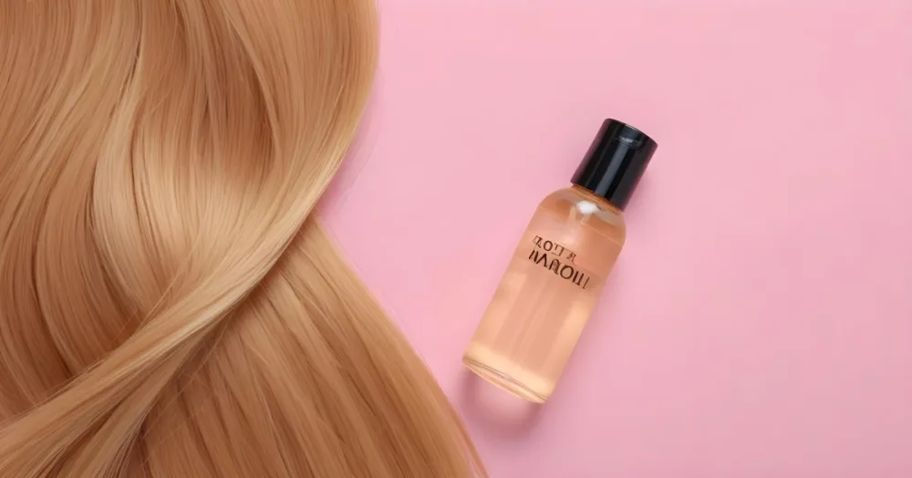 A Bottle Of Hair Oil And A Strand Of Blonde Hair On A Pink Background 28 7302