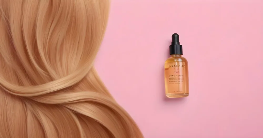 A Bottle Of Hair Oil And A Strand Of Blonde Hair On A Pink Background 30 8932