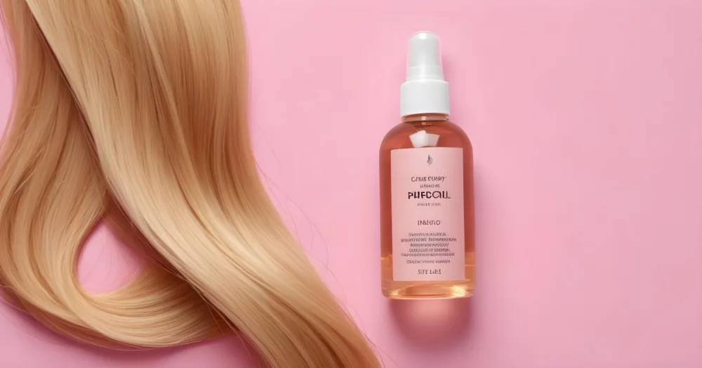 A Bottle Of Hair Oil And A Strand Of Blonde Hair On A Pink Background 9 Cdcc