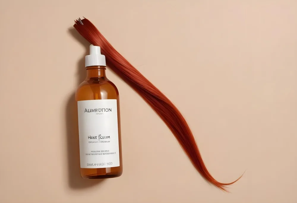 A Bottle Of Hair Serum On Top Of A Strand Of Long Straight Red Hair Beige Background 10