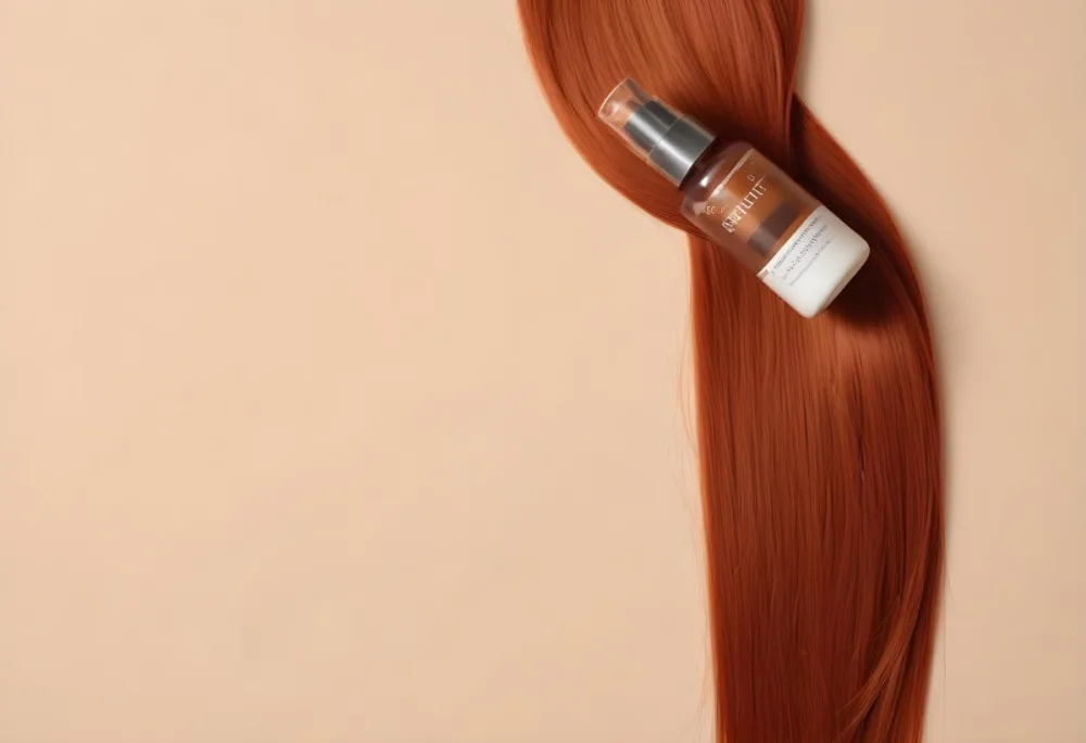 A Bottle Of Hair Serum On Top Of A Strand Of Long Straight Red Hair Beige Background 17