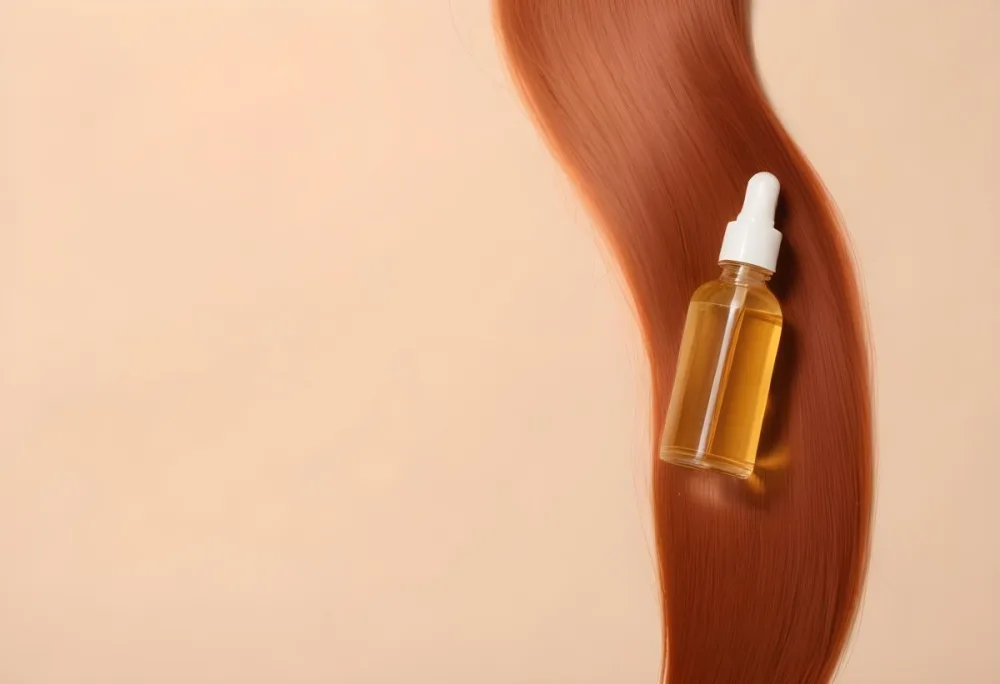 A Bottle Of Hair Serum On Top Of A Strand Of Long Straight Red Hair Beige Background 9 457f