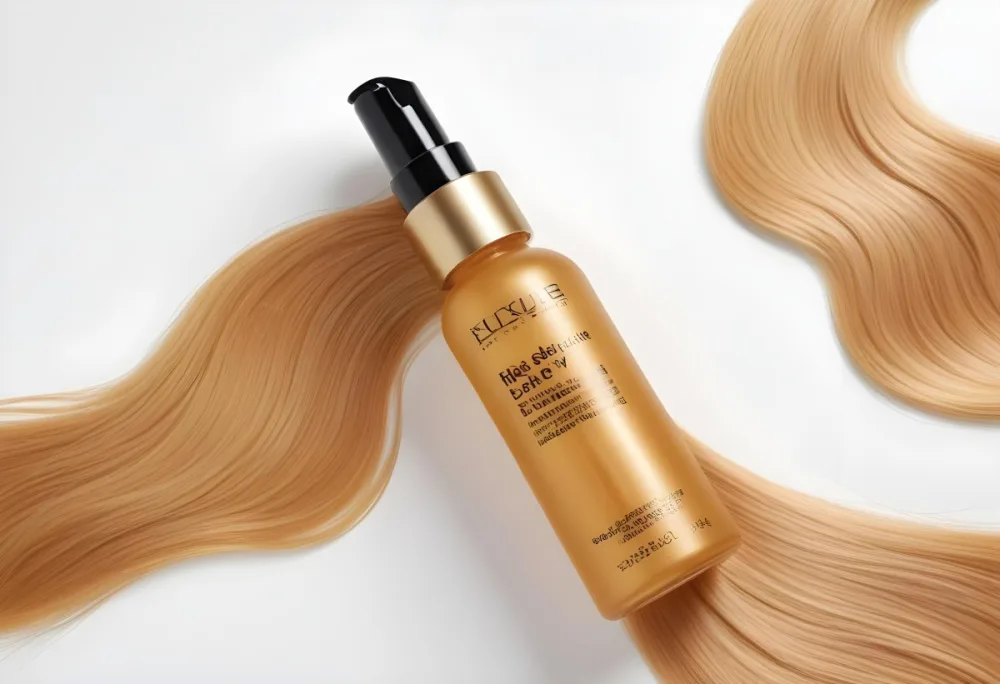 A Bottle Of Hair Serum With Golden Blonde Hair On A White Background 11