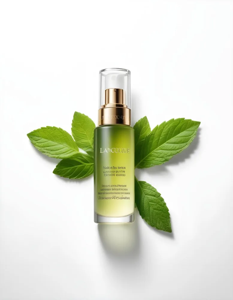 A Bottle Of Lancome Serum With Mint Leaves On A White Background Product Photography Studio Shot Clean Minimalist 1 9db3