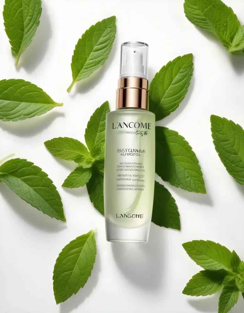 A Bottle Of Lancome Serum With Mint Leaves On A White Background Product Photography Studio Shot Clean Minimalist 10 F7ea