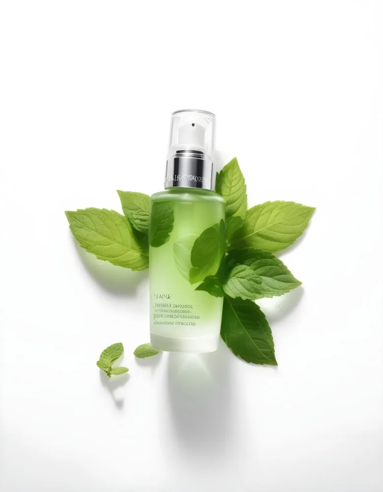 A Bottle Of Lancome Serum With Mint Leaves On A White Background Product Photography Studio Shot Clean Minimalist 11 9611