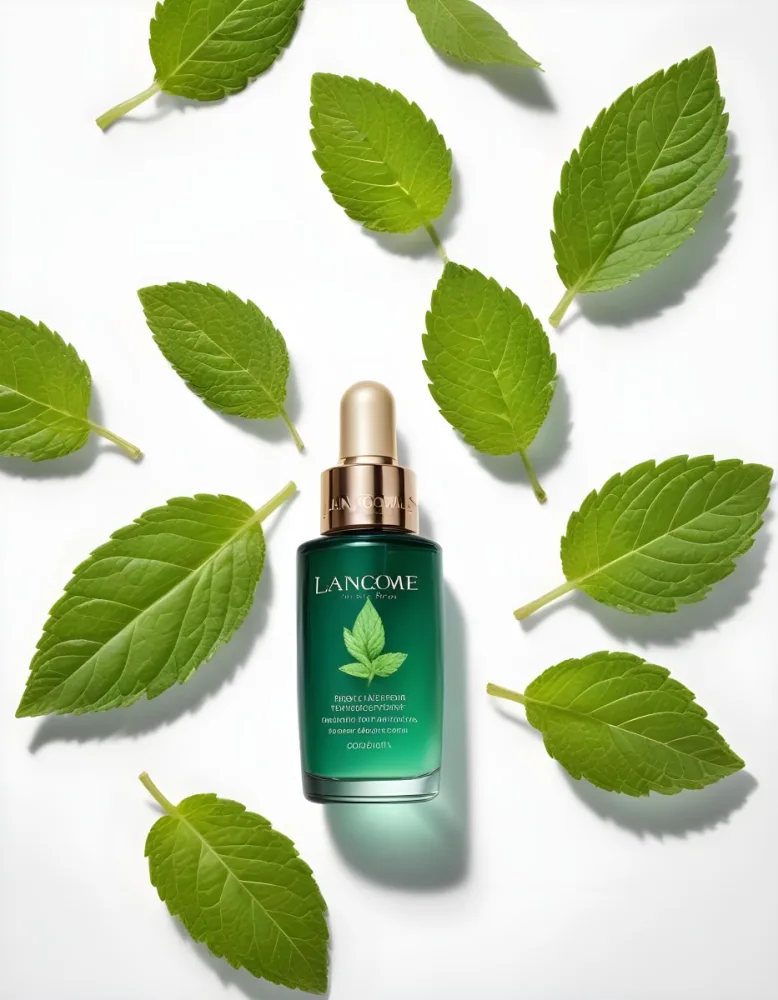 A Bottle Of Lancome Serum With Mint Leaves On A White Background Product Photography Studio Shot Clean Minimalist 12 Ff8f B145