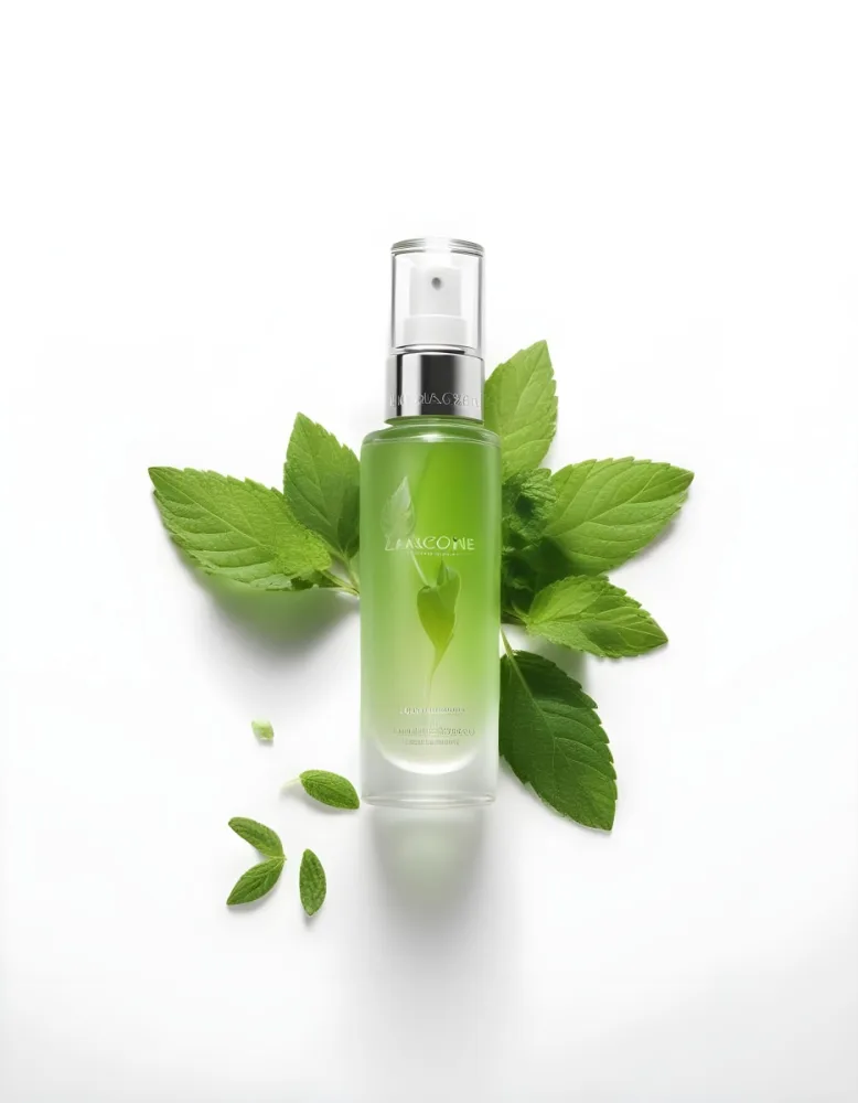 A Bottle Of Lancome Serum With Mint Leaves On A White Background Product Photography Studio Shot Clean Minimalist 15 8aad