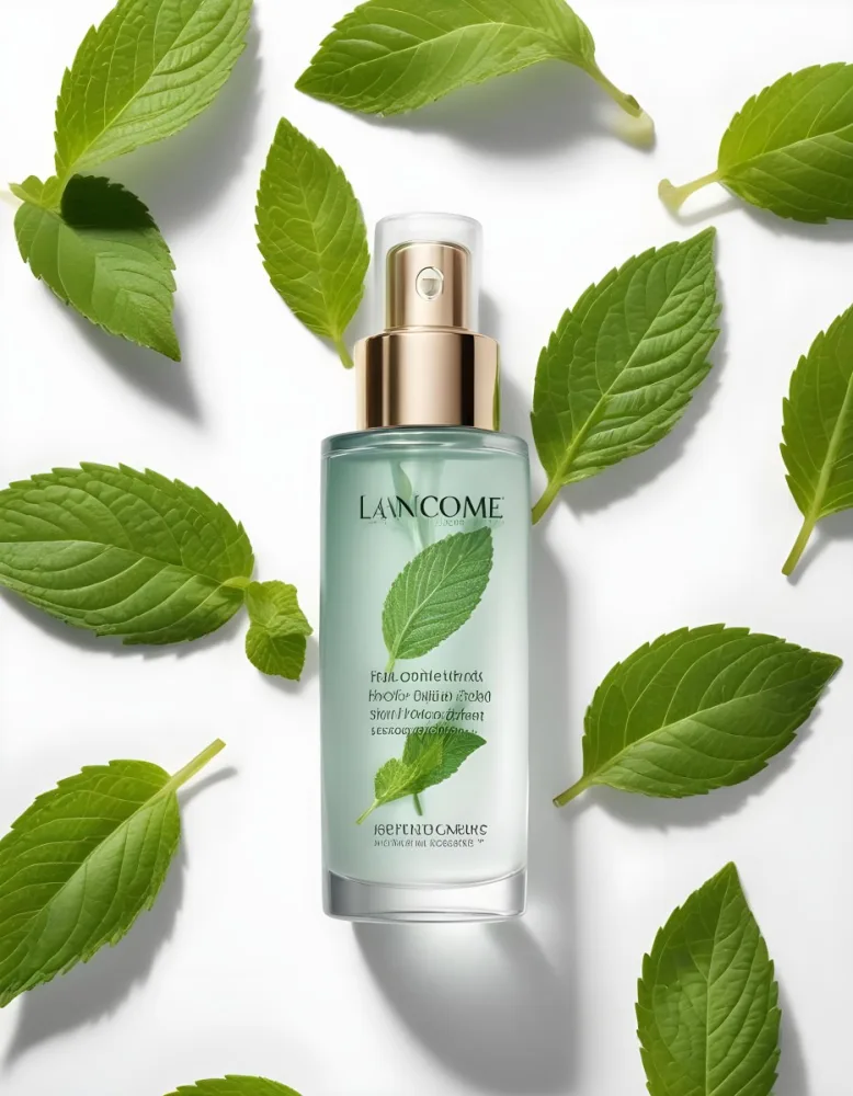 A Bottle Of Lancome Serum With Mint Leaves On A White Background Product Photography Studio Shot Clean Minimalist 2 2647