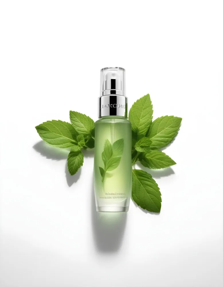 A Bottle Of Lancome Serum With Mint Leaves On A White Background Product Photography Studio Shot Clean Minimalist 23 0000