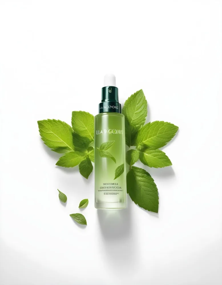 A Bottle Of Lancome Serum With Mint Leaves On A White Background Product Photography Studio Shot Clean Minimalist 24 260d