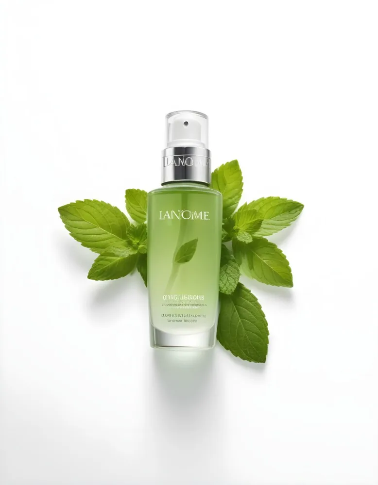 A Bottle Of Lancome Serum With Mint Leaves On A White Background Product Photography Studio Shot Clean Minimalist 28 8c57