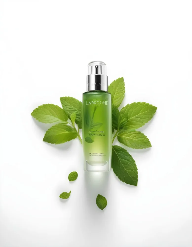 A Bottle Of Lancome Serum With Mint Leaves On A White Background Product Photography Studio Shot Clean Minimalist 3 Db3b
